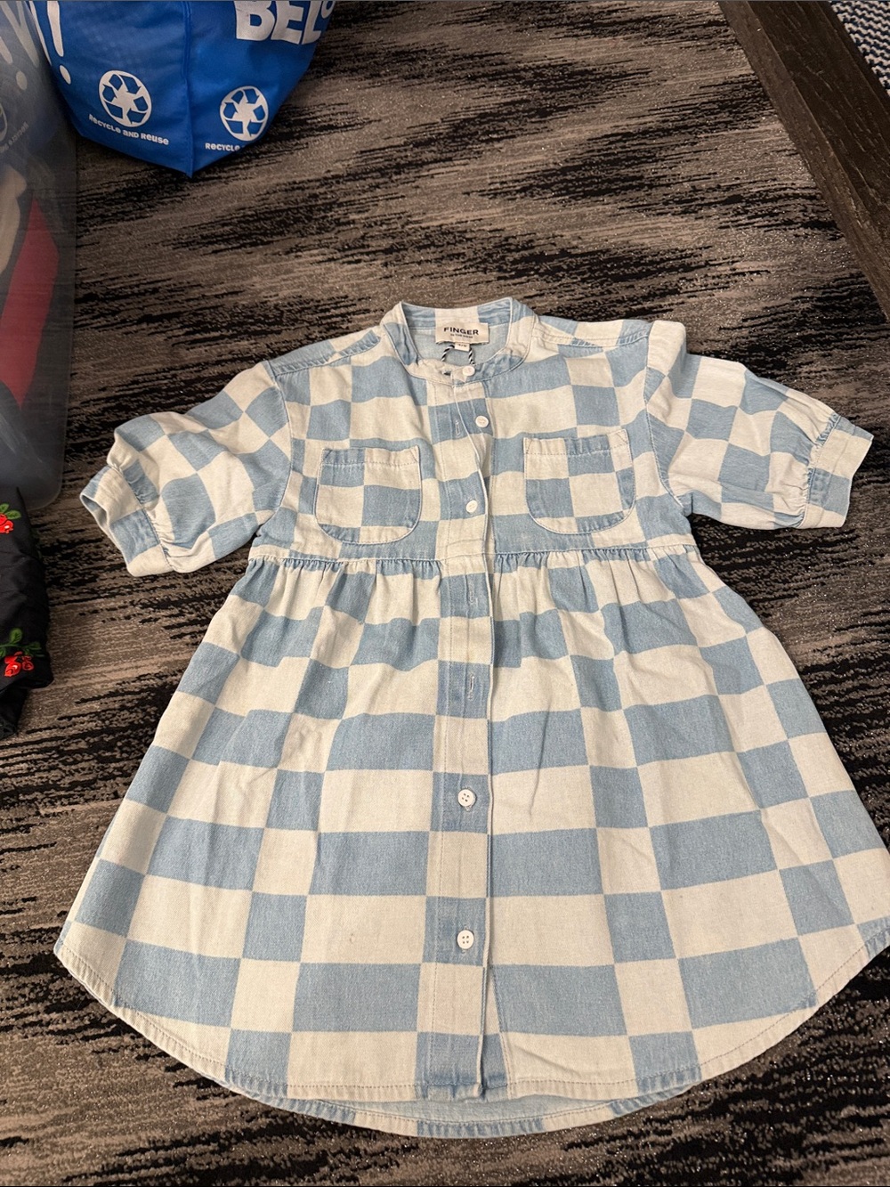 Finger in the nose designer Light Blue and White Check Button-Front Dress